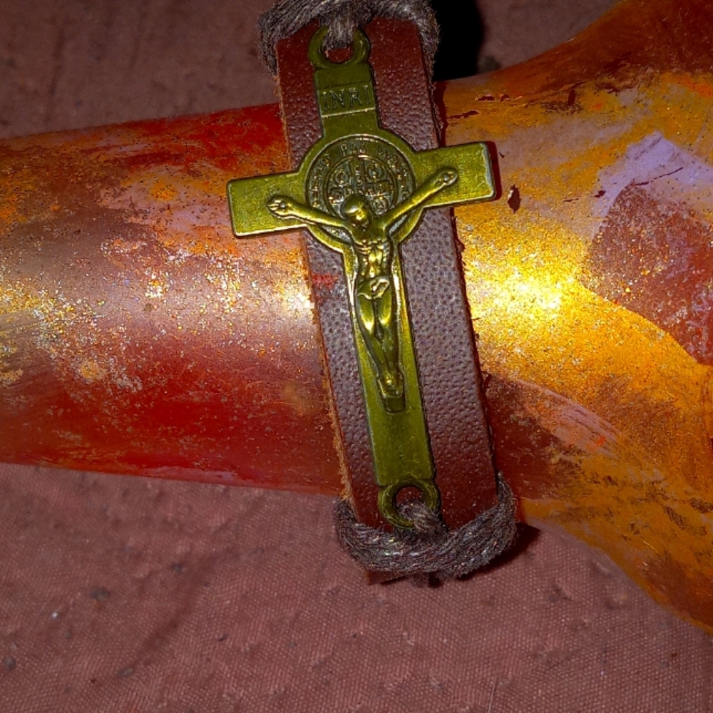 Engraved Crucifix Leather Bracelet